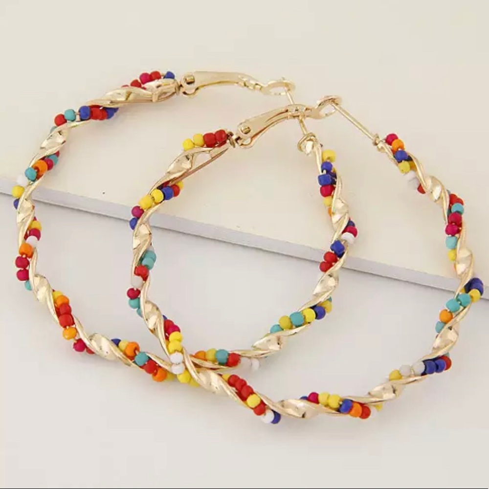 Rainbow Multi Color Gold Braided Hoop Earrings